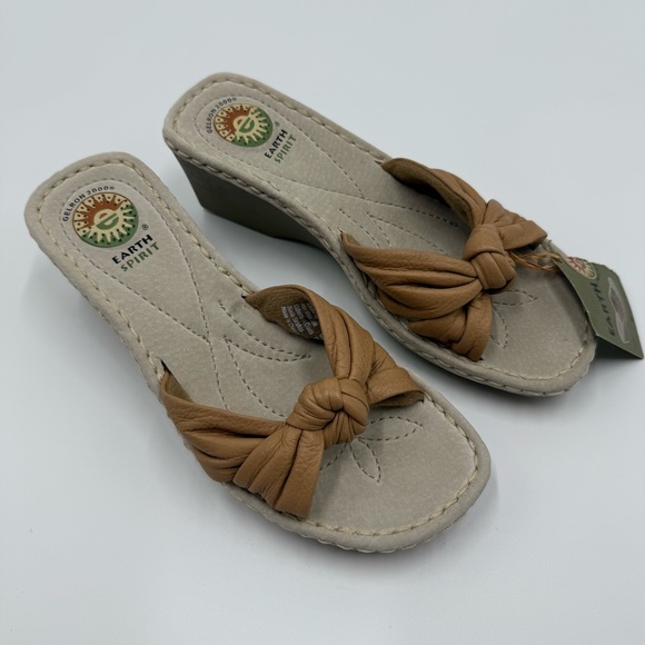 NWT Earth Spirit Women's Liberty Tan Leather Knot Wedge Sandals 8 Gelron 2000 - Picture 1 of 8